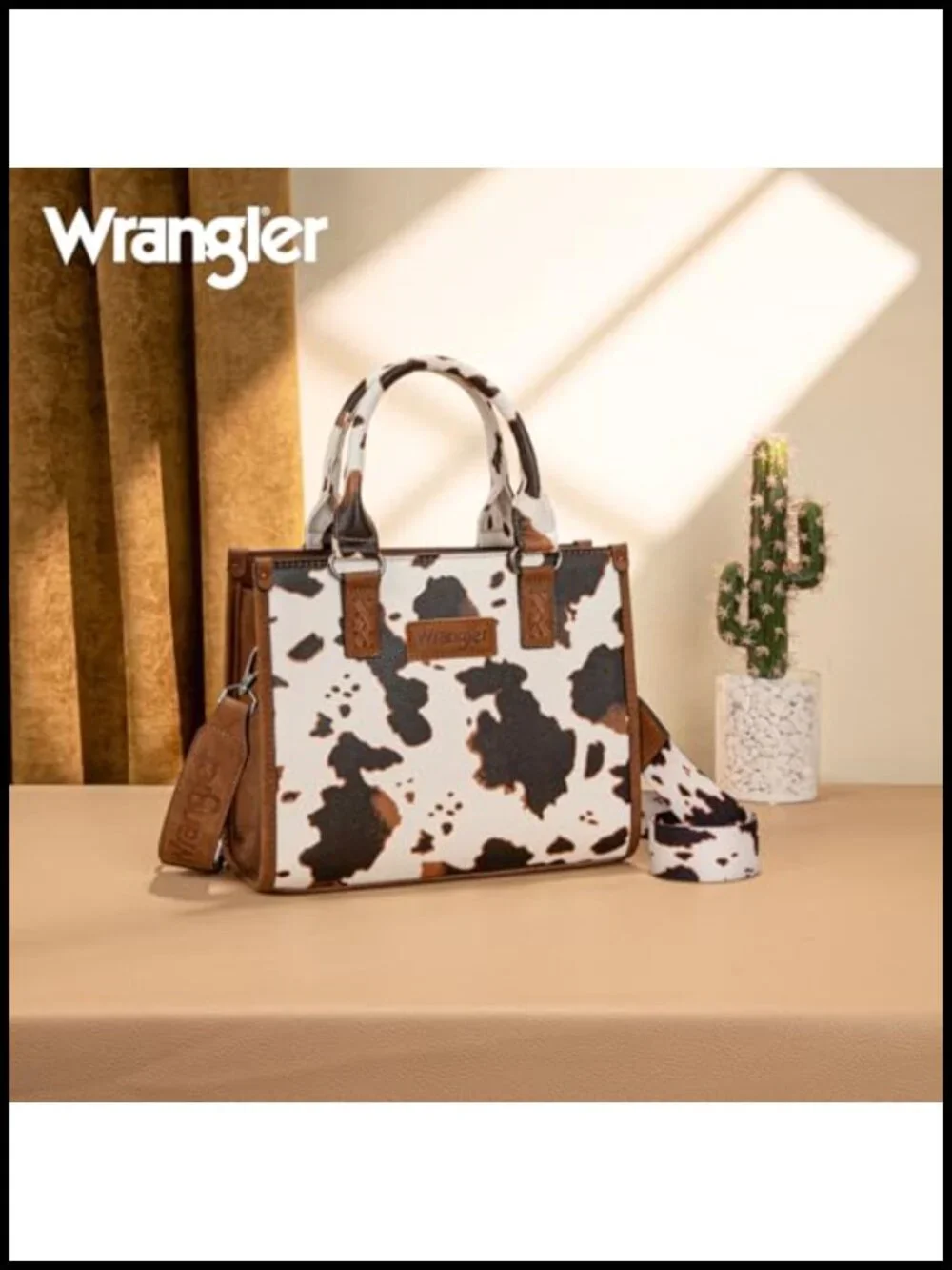 Faux Leather Cow Print Tote Bag with Whipstitch Details